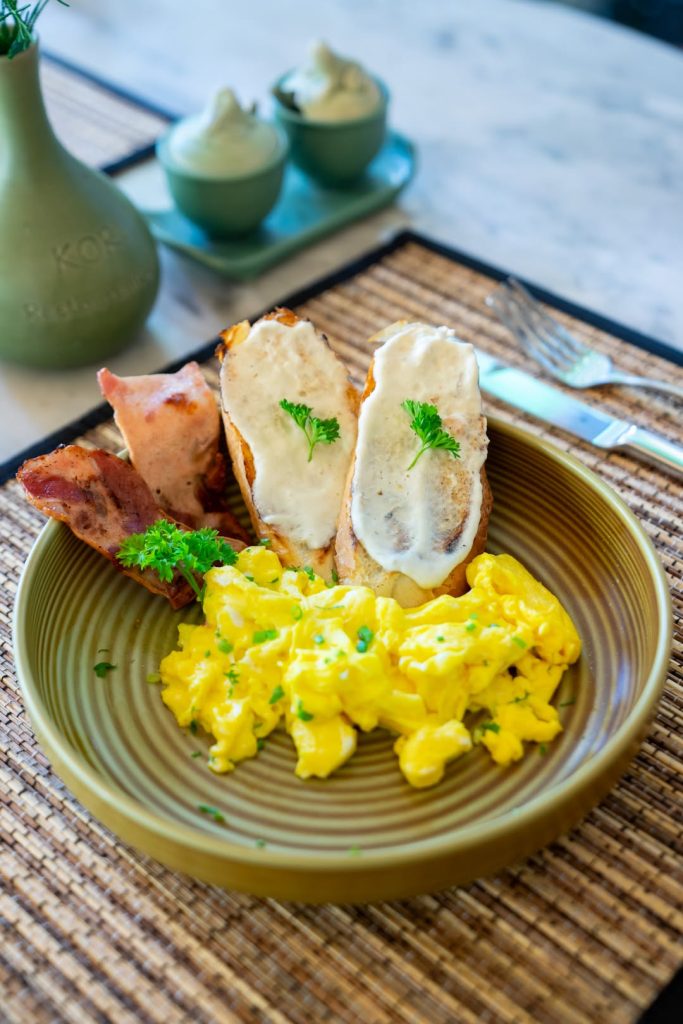 Scrambled Eggs, Crispy Bacon, and Savory Bruschetta